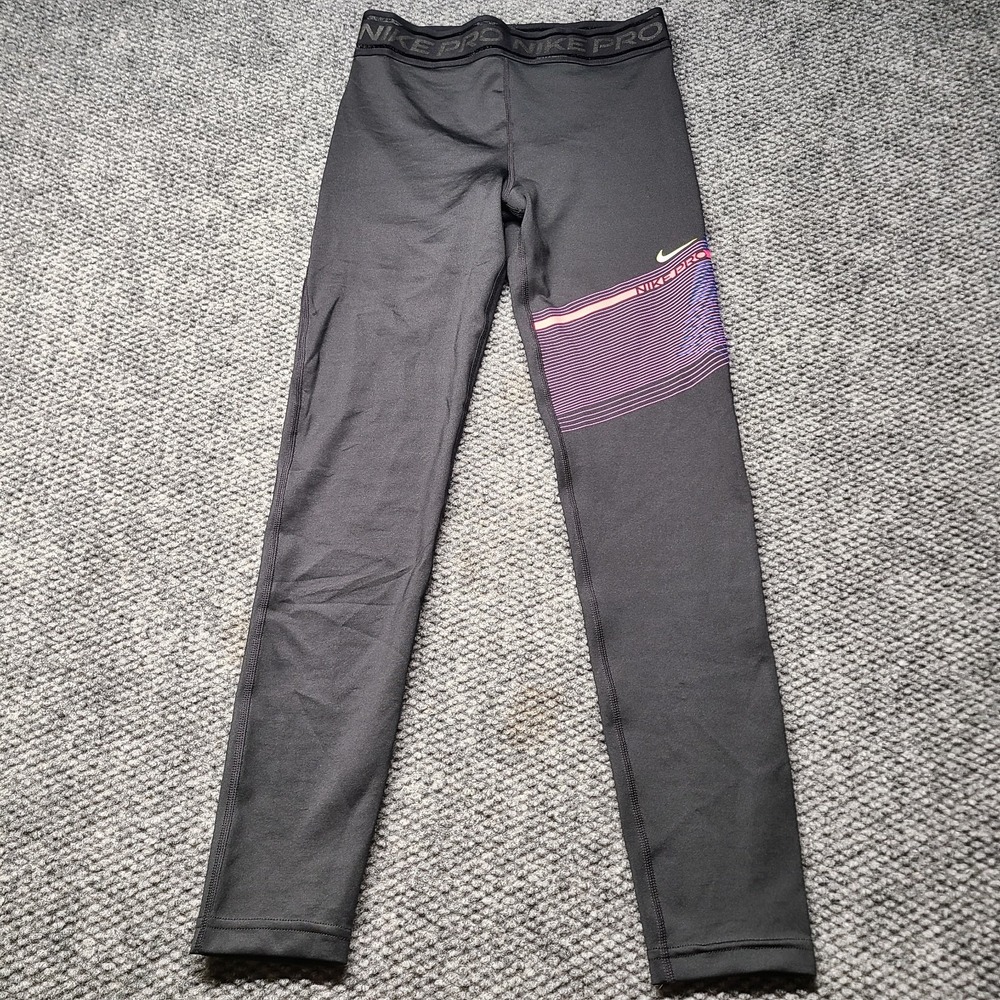 Nike Pro Athletic Leggings Womens L Black Striped Dri Fit Training Cropped Gym